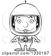 Lineart Clipart Of A Cartoon Black And White Happy Block Headed White Senior Woman Astronaut Royalty Free Outline Vector Illustration