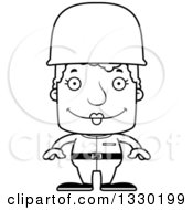 Lineart Clipart Of A Cartoon Black And White Happy Block Headed White Senior Woman Soldier Royalty Free Outline Vector Illustration