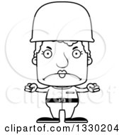 Lineart Clipart Of A Cartoon Black And White Mad Block Headed White Senior Woman Soldier Royalty Free Outline Vector Illustration