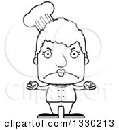 Lineart Clipart Of A Cartoon Black And White Mad Block Headed White Senior Woman Chef Royalty Free Outline Vector Illustration
