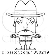 Lineart Clipart Of A Cartoon Black And White Mad Block Headed White Senior Woman Cowgirl Royalty Free Outline Vector Illustration
