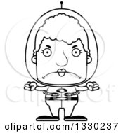 Lineart Clipart Of A Cartoon Black And White Mad Block Headed Futuristic Space White Senior Woman Royalty Free Outline Vector Illustration