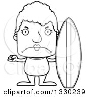 Lineart Clipart Of A Cartoon Black And White Mad Block Headed White Senior Woman Surfer Royalty Free Outline Vector Illustration