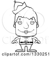 Lineart Clipart Of A Cartoon Black And White Happy Block Headed White Senior Woman Christmas Elf Royalty Free Outline Vector Illustration