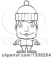 Lineart Clipart Of A Cartoon Black And White Happy Block Headed White Senior Woman In Winter Clothes Royalty Free Outline Vector Illustration
