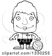 Lineart Clipart Of A Cartoon Black And White Happy Block Headed White Senior Woman Volleyball Player Royalty Free Outline Vector Illustration