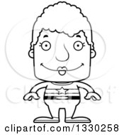 Lineart Clipart Of A Cartoon Black And White Happy Block Headed White Super Senior Woman Royalty Free Outline Vector Illustration