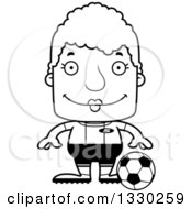 Lineart Clipart Of A Cartoon Black And White Happy Block Headed White Senior Woman Soccer Player Royalty Free Outline Vector Illustration
