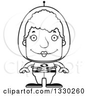 Lineart Clipart Of A Cartoon Black And White Happy Block Headed Futuristic Space White Senior Woman Royalty Free Outline Vector Illustration