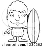 Lineart Clipart Of A Cartoon Black And White Happy Block Headed White Senior Woman Surfer Royalty Free Outline Vector Illustration