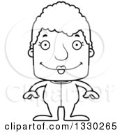 Lineart Clipart Of A Cartoon Black And White Happy Block Headed White Senior Woman In Pjs Royalty Free Outline Vector Illustration