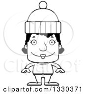 Lineart Clipart Of A Cartoon Black And White Happy Block Headed Black Woman In Winter Clothes Royalty Free Outline Vector Illustration