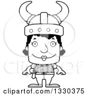 Lineart Clipart Of A Cartoon Black And White Happy Block Headed Black Woman Viking Royalty Free Outline Vector Illustration