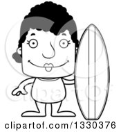 Lineart Clipart Of A Cartoon Black And White Happy Block Headed Black Woman Surfer Royalty Free Outline Vector Illustration