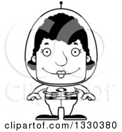 Lineart Clipart Of A Cartoon Black And White Happy Block Headed Black Futuristic Space Woman Royalty Free Outline Vector Illustration