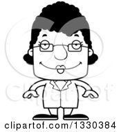 Lineart Clipart Of A Cartoon Black And White Happy Block Headed Black Woman Science Royalty Free Outline Vector Illustration
