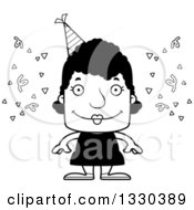 Lineart Clipart Of A Cartoon Black And White Happy Block Headed Black Party Woman Royalty Free Outline Vector Illustration