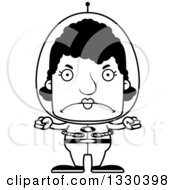 Lineart Clipart Of A Cartoon Black And White Mad Block Headed Black Futuristic Space Woman Royalty Free Outline Vector Illustration