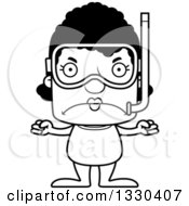 Lineart Clipart Of A Cartoon Black And White Mad Block Headed Black Woman In Snorkel Gear Royalty Free Outline Vector Illustration