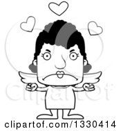 Lineart Clipart Of A Cartoon Black And White Mad Block Headed Black Woman Cupid Royalty Free Outline Vector Illustration