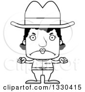 Lineart Clipart Of A Cartoon Black And White Mad Block Headed Black Woman Cowboy Royalty Free Outline Vector Illustration