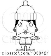 Lineart Clipart Of A Cartoon Black And White Mad Block Headed Black Woman In Winter Clothes Royalty Free Outline Vector Illustration