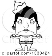 Lineart Clipart Of A Cartoon Black And White Mad Block Headed Black Woman Christmas Elf Royalty Free Outline Vector Illustration