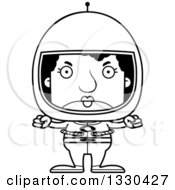 Lineart Clipart Of A Cartoon Black And White Mad Block Headed Black Woman Astronaut Royalty Free Outline Vector Illustration