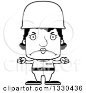 Lineart Clipart Of A Cartoon Black And White Mad Block Headed Black Woman Soldier Royalty Free Outline Vector Illustration