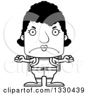 Lineart Clipart Of A Cartoon Black And White Mad Block Headed Black Woman Hiker Royalty Free Outline Vector Illustration