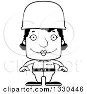 Lineart Clipart Of A Cartoon Black And White Happy Block Headed Black Woman Soldier Royalty Free Outline Vector Illustration