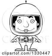 Lineart Clipart Of A Cartoon Black And White Happy Block Headed Black Woman Astronaut Royalty Free Outline Vector Illustration