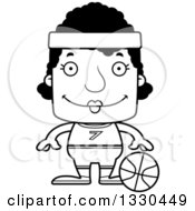 Lineart Clipart Of A Cartoon Black And White Happy Block Headed Black Woman Basketball Player Royalty Free Outline Vector Illustration
