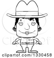 Lineart Clipart Of A Cartoon Black And White Happy Block Headed Black Woman Cowboy Royalty Free Outline Vector Illustration