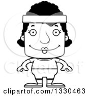 Lineart Clipart Of A Cartoon Black And White Happy Block Headed Black Fitness Woman Royalty Free Outline Vector Illustration