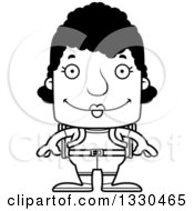 Lineart Clipart Of A Cartoon Black And White Happy Block Headed Black Woman Hiker Royalty Free Outline Vector Illustration