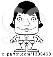 Lineart Clipart Of A Cartoon Black And White Happy Block Headed Black Karate Woman Royalty Free Outline Vector Illustration