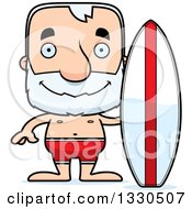 Clipart Of A Cartoon Happy Block Headed White Senior Man Surfer Royalty Free Vector Illustration