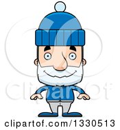 Cartoon Happy Block Headed White Senior Man In Winter Clothes