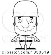 Lineart Clipart Of A Cartoon Black And White Happy Block Headed White Senior Man Soldier Royalty Free Outline Vector Illustration