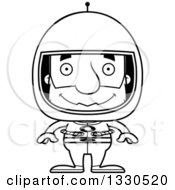 Lineart Clipart Of A Cartoon Black And White Happy Block Headed White Senior Man Astronaut Royalty Free Outline Vector Illustration
