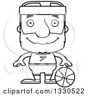 Lineart Clipart Of A Cartoon Black And White Happy Block Headed White Senior Man Basketball Player Royalty Free Outline Vector Illustration