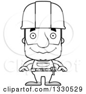 Cartoon Black And White Happy Block Headed White Senior Man Construction Worker