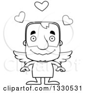 Lineart Clipart Of A Cartoon Black And White Happy Block Headed White Senior Man Cupid Royalty Free Outline Vector Illustration