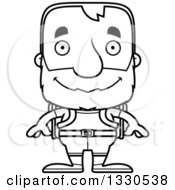 Lineart Clipart Of A Cartoon Black And White Happy Block Headed White Senior Man Hiker Royalty Free Outline Vector Illustration