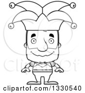 Lineart Clipart Of A Cartoon Black And White Happy Block Headed White Senior Man Jester Royalty Free Outline Vector Illustration