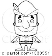 Lineart Clipart Of A Cartoon Black And White Happy Block Headed White Senior Robin Hood Man Royalty Free Outline Vector Illustration