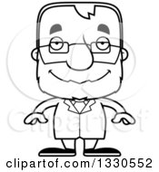 Lineart Clipart Of A Cartoon Black And White Happy Block Headed White Senior Man Scientist Royalty Free Outline Vector Illustration