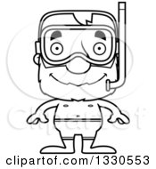Lineart Clipart Of A Cartoon Black And White Happy Block Headed White Senior Man In Snorkel Gear Royalty Free Outline Vector Illustration