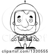 Lineart Clipart Of A Cartoon Black And White Happy Block Headed Futuristic White Senior Space Man Royalty Free Outline Vector Illustration